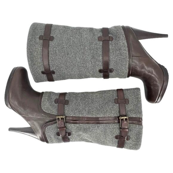 Cole Haan Air Kennedy Buckle Belted Dark Brown Leather Grey Felt Wool Boots 8.5 - Picture 5 of 15